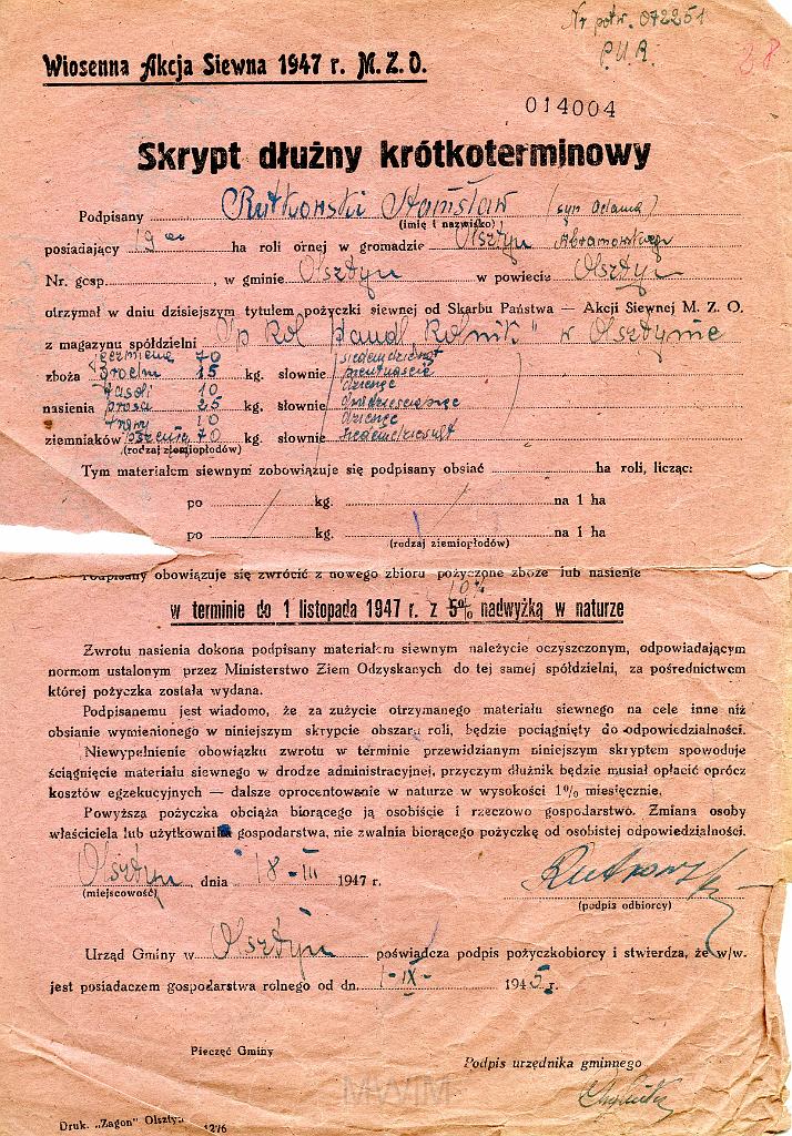 KKE 3545.jpg - Dokument . Stanisław Rutkowski skrypt Dłużny, Olsztyn, 1947 r.